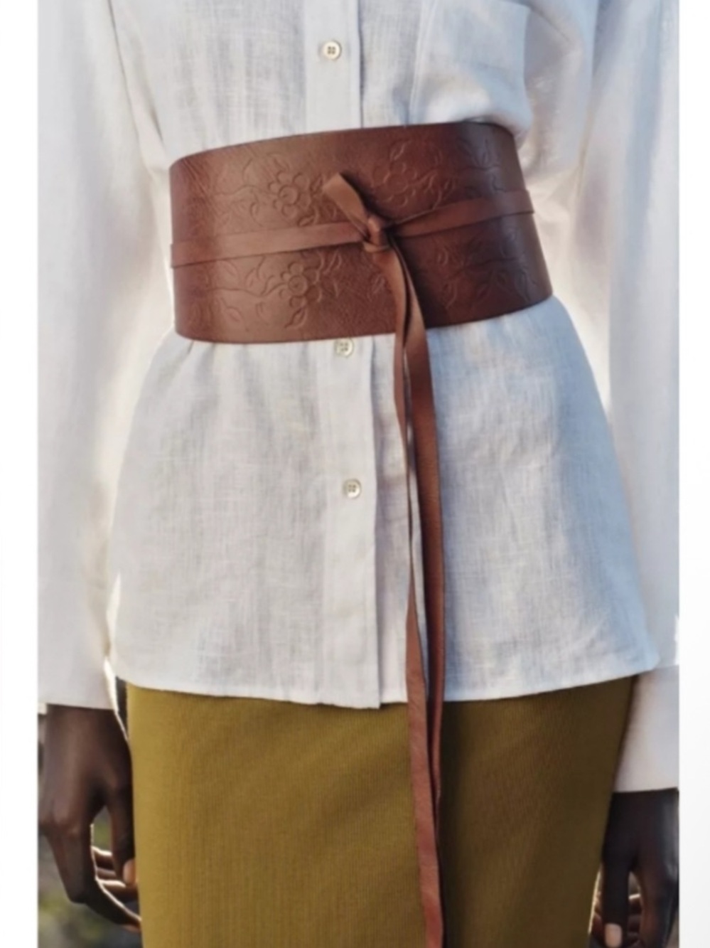 Zara Brown Floral-Embossed Wide Tie Obi Belt